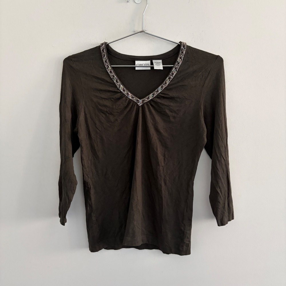 Chico's Womens Brown Beaded V-Neck Long Sleeve Top Size 0 Small